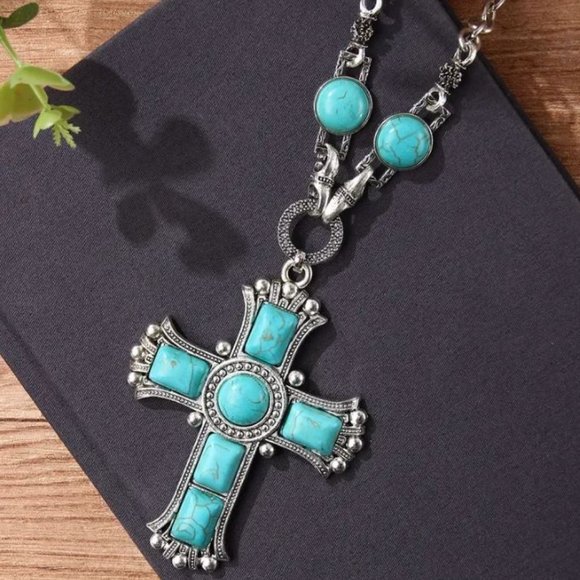 Silver Tone Faux Turquoise Stone Cross Necklace - Picture 1 of 1